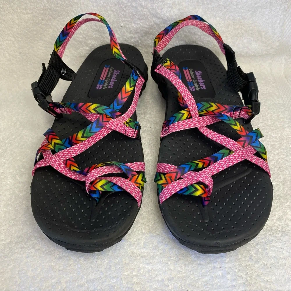 Skechers Womens Reggae Bright Direction Black Flats Strappy Sandals Size 6 EUC - Picture 2 of 13